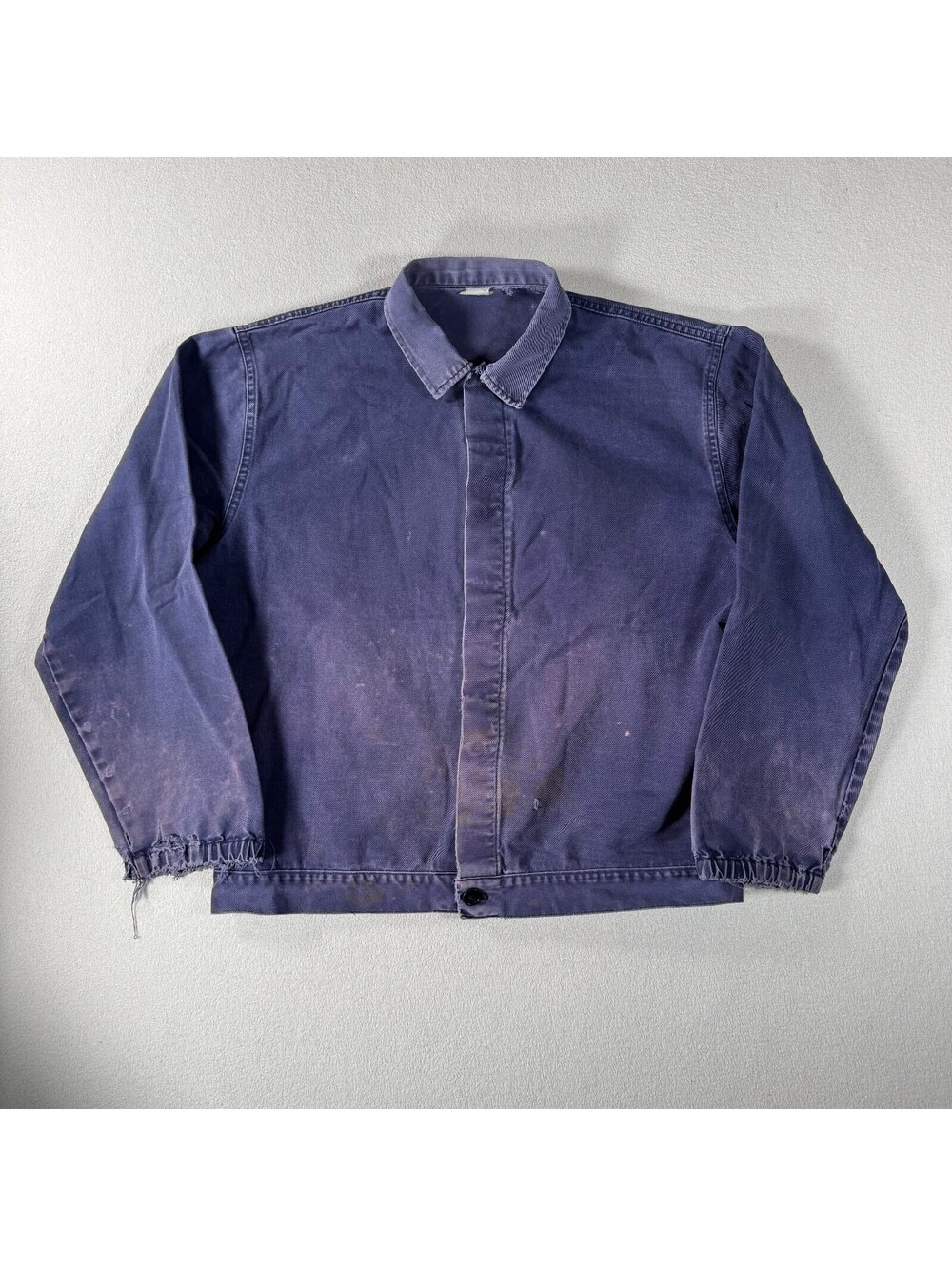 Vintage 1980s Frech Workwear Indigo Dyed Cropped Collared Work Jacket Faded L/XL